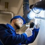 Industrial plumber inspecting water pipes